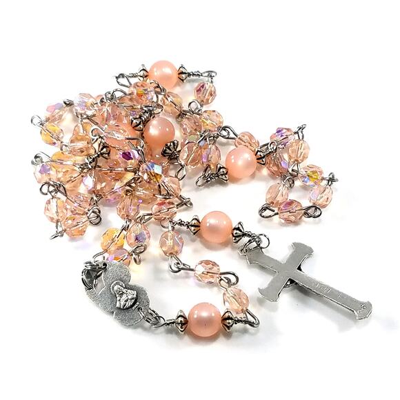 Handmade Pink Five Decade Rosary, Stainless Steel Wire, Vintage Moonglow Beads - Picture 6 of 10